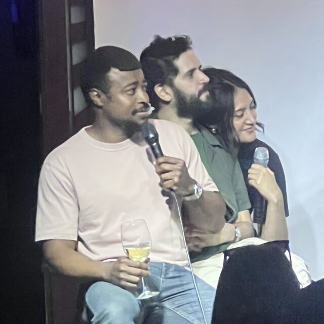 Three comedians seated with microphones at a No Offense, But... show