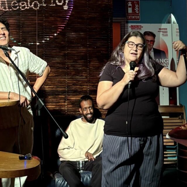 Two comedians sharing the stage at a No Offense, But... show