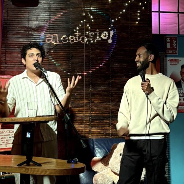Two comedians on stage at a No Offense, But... show